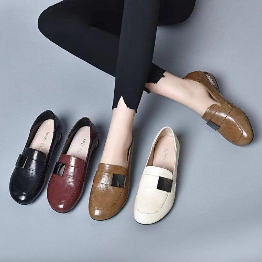 Women’s PU Leather Slip-On Loafers – Lightweight Round-Toe Flat Shoes with Rubber Sole